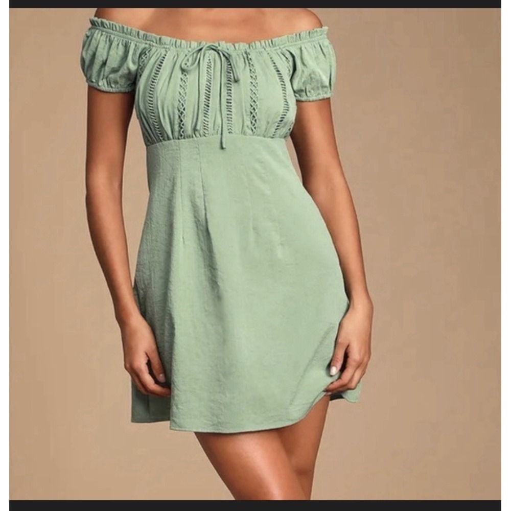 Lulus Green Solid Off The Shoulder Flutter Sleeve Mini Dress Lace Drawstring S